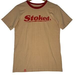 Dutch Bros Stoked Ringer Tshirt sz XS Tan Red Coffee Casual Oregon Retro